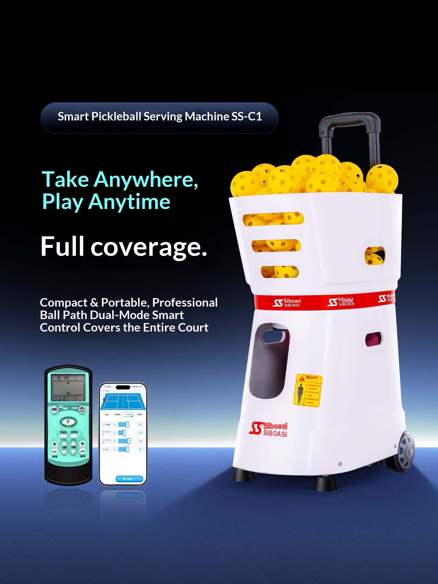 Spores C1 Smart Portable Pickleball Trainer Ball Feeding Serving Machine with APP Control and Remote Control Practice Device