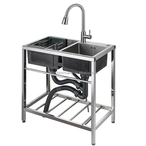 Évier de <span class=keywords><strong>cuisine</strong></span> commercial en acier inoxydable à double bac avec égouttoir, plan de travail intégré et étagère de rangement, lavabos - Product Image 1