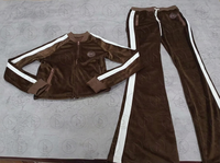 Pakaian Wanita Terbaru Berkualitas Tinggi, Setelan Olahraga Beludru Bergaris Custom, Jaket Resleting dan Celana Jogger Bahan Velour