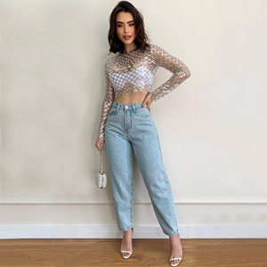 King Mcgreen Star Mesh <span class=keywords><strong>Crop</strong></span> <span class=keywords><strong>Top</strong></span> pour Femme Perles Perlées Sequin Transparent T-shirts à Manches Longues - Product Image 6