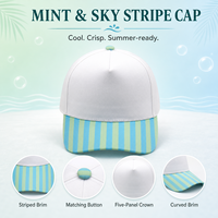Gorra de Béisbol Personalizada con Visera Azul Verde a Rayas, Bordada, de 5 Paneles, con Cierre a Presión y Estampado de Rayas Verticales en la Visera