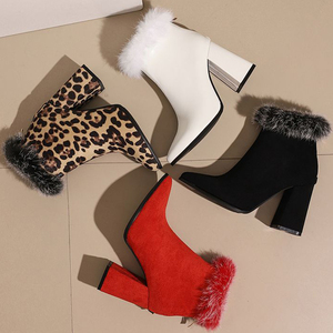 Large Size 48 Women's High Chunky Heels Ankles Boots Big Feet Wide Fit Top Fur Short Booties Leopard Print <b>Shoes</b> - Product Image 6