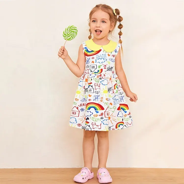 New Arrivals Girl Dress Baby Cute Doll Collar Rainbow Printed Sleeveless Toddler Girls Summer Casual Dresses
