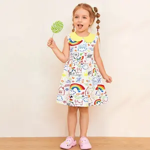새로운 도착 소녀 드레스 아기 귀여운 인형 칼라 무지개 인쇄 민소매 유아 소녀 여름 캐주얼 드레스