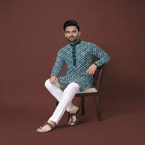<b>Men</b> Cotton Reversible <b>Kurta</b> Pajama Set Geometric Print Traditional Indian Pakistani Clothing Party Wedding Festival Wear - Product Image 1