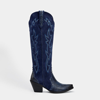WETKISS Bottes de cowgirl bleu marine personnalisées pour femme, à bout pointu, hauteur genou, avec broderie patchwork et talon épais, vente en gros