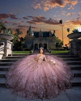 Mumuleo Off Shoulder Perlen Ballkleid Schatz Ausschnitt Pailletten Pink Quince anera Kleid