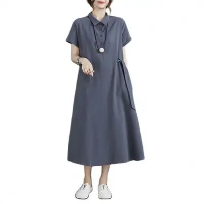 Drop Shipping giyim yeni tasarım moda Turn down yaka basit elbiseler yaz uzun kore elbise rahat