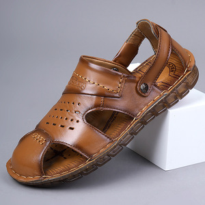 Men's Summer Flat <b>Sandals</b> Top Grain Cowhide <b>Closed</b> <b>Toe</b> Breathable Non Slip Soft Rubber Sole Khaki Brown Slip On Adult - Product Image 1