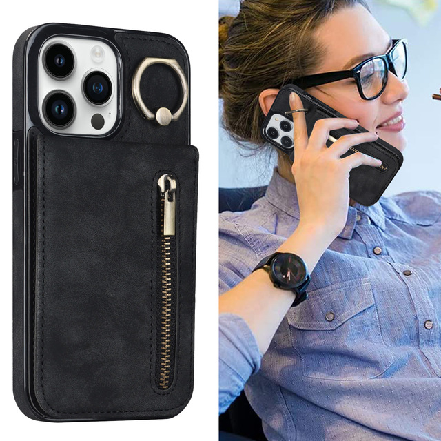 PU Leather Card Holder Phone Case Shockproof Zipper Wallet Ring Stand Phone Case for iPhone 15 14 13 12 11 Pro Max
