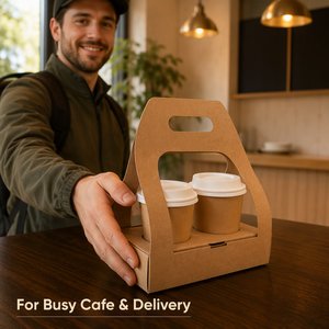 WELCOTECH Portabicchieri in Carta Kraft Usa e Getta con Manico, Ecologico, Riciclabile, Confezione Piatta per <span class=keywords><strong>2</strong></span> Bicchieri, Logo Personalizzabile - Product Image 3