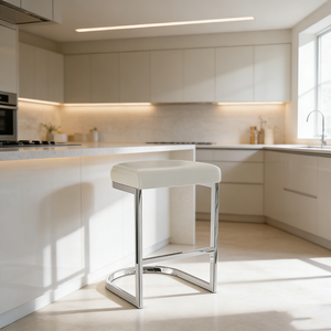 Kursi Bar Empuk Putih Berkualitas Tinggi Rangka Krom Sandaran Kaki Stabil Nyaman Ergonomis untuk Rumah, Dapur, Bar, Restoran di AS - Product Image 1