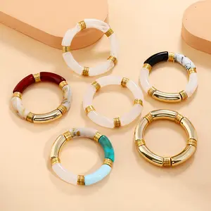 Bracelet en bambou pour femmes, bijou élastique en résine acrylique, en bambou, nouvelle mode