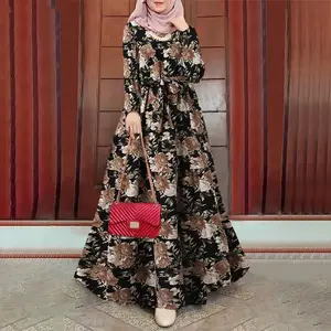 2022 European And American Muslim Women Abaya Remove Belt Bohemian Print Irregular Swing Hem Dress