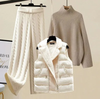 Nouvel Ensemble Trois Pièces Femme 2024 : Gilet Épais, Pull Tricoté Col Montant et Pantalon Large pour Automne Hiver