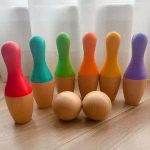 Jogo de boliche de madeira colorido para crianças, mini bola de boliche educacional colorida para bebês