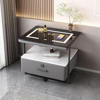 Table de chevet intelligente moderne de luxe avec éclairage LED, serrure à empreintes digitales, plateau en verre, 1 tiroir, multifonctionnelle