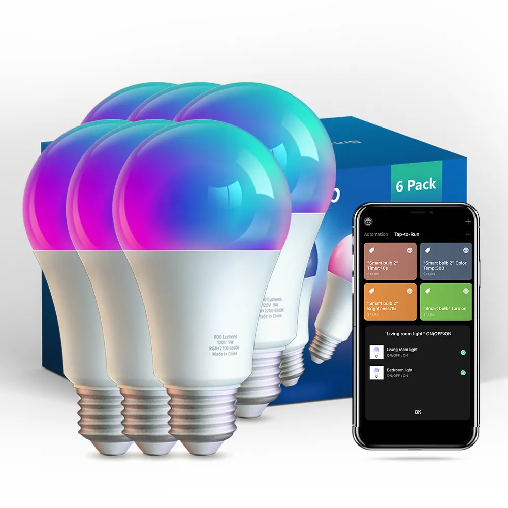 6 in 1 Pack A19 E26 RGB Neon Tuya Wifi and BT Alexa Google Control Interior Decor Dimmable Smart LED Light Bulbs