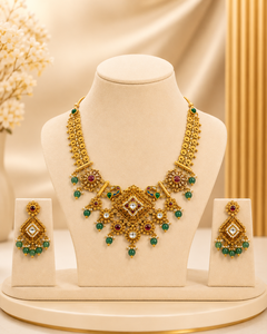Ensemble de bijoux de mariée traditionnels en or 22 carats avec perles vertes et boucles d'oreilles assorties pour femmes - Product Image 3