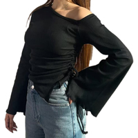 Kaos Wanita KY Model Satu Bahu dengan Ikat, Lengan Lonceng Pendek Bermotif, Bahan Bernapas untuk Pakaian Kasual Sehari-hari