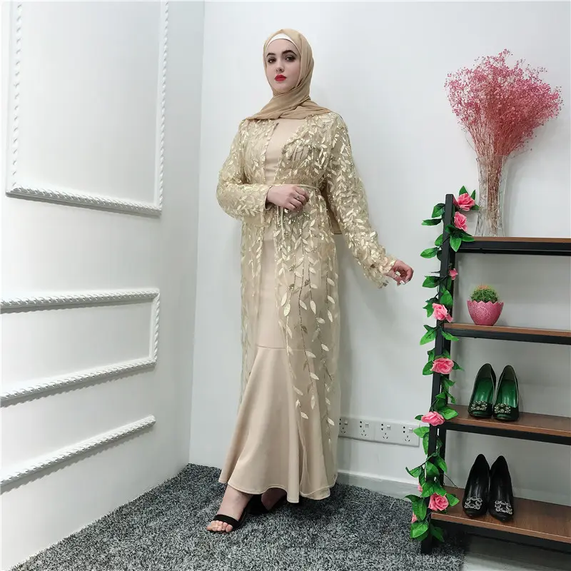 2019 abaya full embroidery designs leaf pattern mesh muslim dresses ladies abaya