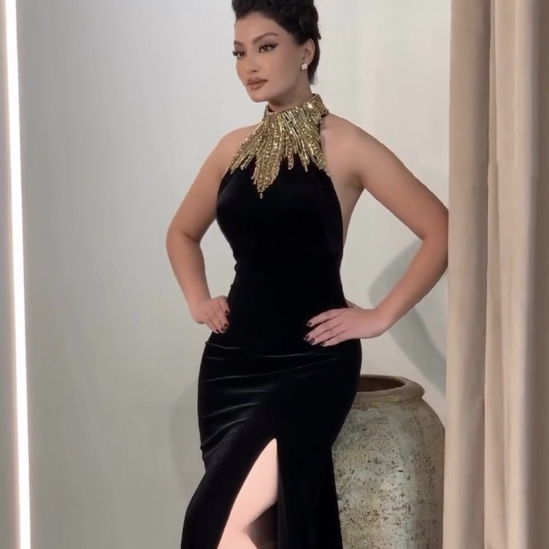 green emerald velvet dress Black Lady Gaga Velvet Prom Celebrity Dress Evening Gown Golden Globes –  Hoprom main image 0