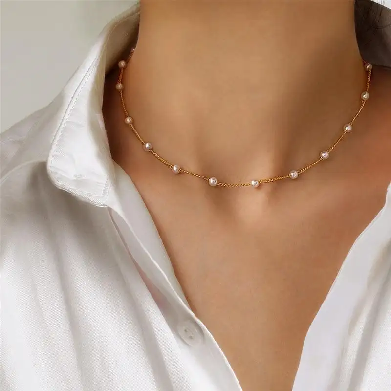 Gargantilla de perlas Kpop para mujer, Collar con cadena de cuello, Gargantilla gótica de Color dorado, joyería con colgante para el cuello para niña