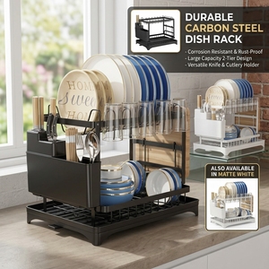 Moderno <span class=keywords><strong>Escurridor</strong></span> <span class=keywords><strong>de</strong></span> <span class=keywords><strong>Platos</strong></span> Multifuncional <span class=keywords><strong>de</strong></span> 2 Niveles con Marco <span class=keywords><strong>de</strong></span> Acero al Carbono Cromado, Ahorra Espacio - Product Image 1