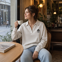 Pull-over polo pour femme à col rabattu, super doux, 55% coton, 30% modal, 15% polyester, coupe épaules tombantes, personnalisable en gros