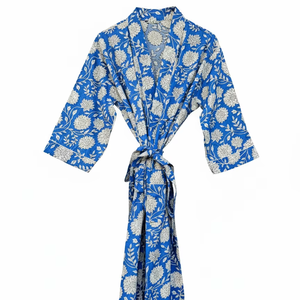 Women's <b>Beach</b> Cover-Up for Hand Block Printed 100% Cotton Long Sleeve Knee-Length Loungewear <b>Robe</b> with Drawstring Closure - Product Image 1