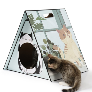 Groothandel Moderne Stijl Opvouwbare Kartonnen Kattenhuis Robuust Duurzaam Tentvormig Kattenkrabpaal Ecologisch Karton BSCI - Product Image 3
