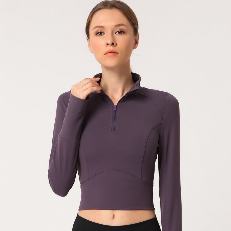 Hot Sale High Stretch Stand Collar Sports Shirts Athletic Wear Gym Wear Yoga Slim Half Zipper Long Sleeve Crop Shirts for Woman
