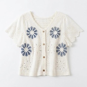 Women's <strong>White</strong> Bohemian Crochet <strong>Shrugs</strong> Short Sleeve Knitted <strong>Cardigan</strong> with Hollow Out Button for Summer Vacation Swimsuit Cover-Up - Product Image 1