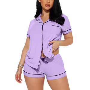 Conjunto de Pijama de Mujer con Cuello Acanalado, Manga Corta, Botones, Ropa de Dormir de Dos Piezas para Verano - Product Image 1