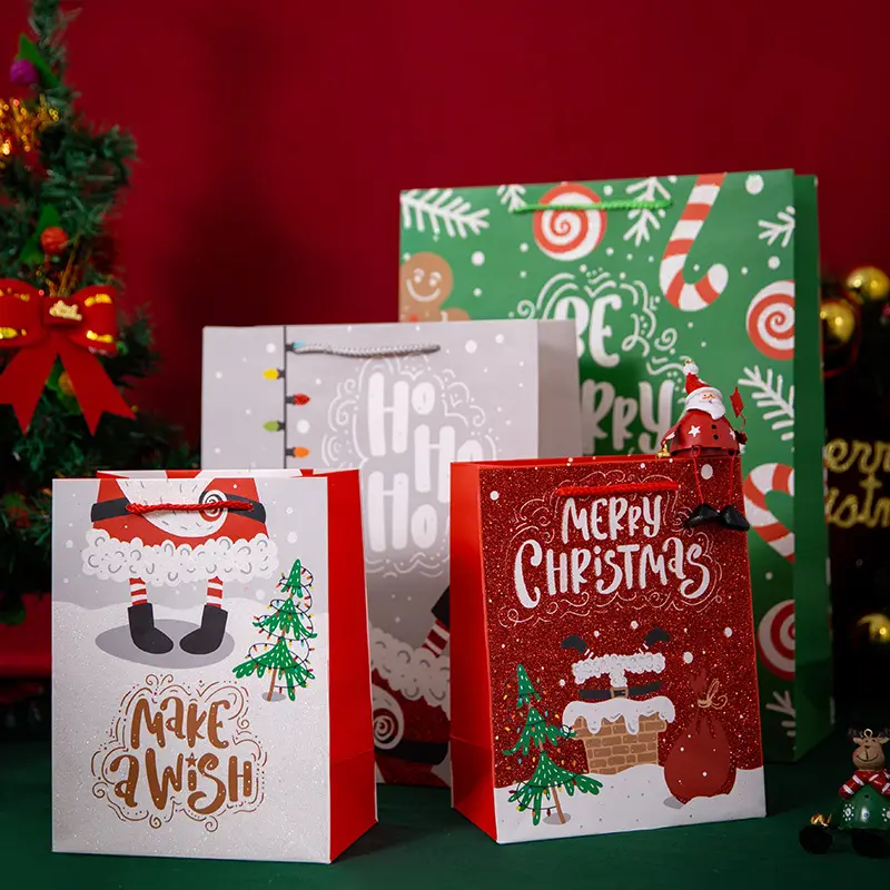 Custom Kerst Papieren Zak Handvat Trekkoord Cadeau Glanzend Stof Papieren Zak Verpakking Voor Kerst