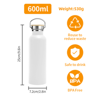 Bouteille d'eau en acier inoxydable personnalisée de 600ml à double paroi isolée sous vide de 20oz à large ouverture avec couvercle en bambou bouteille de sport