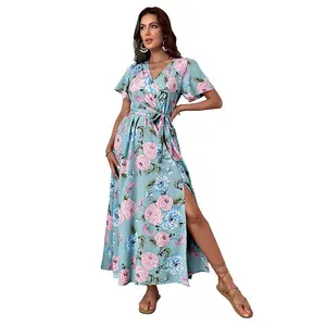 Factory customized women's retro beach floral dress, European and American seaside holiday printed dress