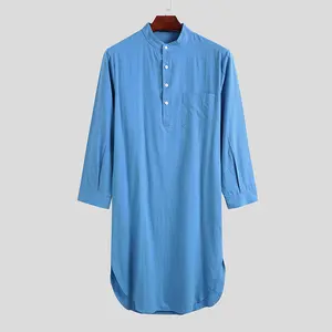 批发新款M-3xl穆斯林男式睡袍袖纽扣纯色阿拉伯衬衫男式睡袍
