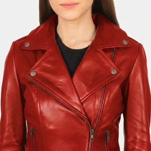 Chaqueta de cuero de lujo para mujer de invierno. La clásica chaqueta de cuero roja para mujer, de piel de oveja lisa. - Product Image 3