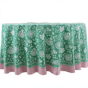 Mint Green Pink Modern Handmade Indian Floral Cotton Round Reusable <b>Tablecloth</b> Hand Block Printed Border for Home Parties Events - Product Image 3