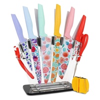 Ensemble de 16 couteaux de cuisine en acier inoxydable avec revêtement antiadhésif, accessoires et éplucheur inclus, avec bloc de rangement