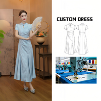 Nouvelle Robe Cheongsam Bleu Clair Style Chinois, Manches Courtes, Col Montant, Fente, Coupe Sirène Longue