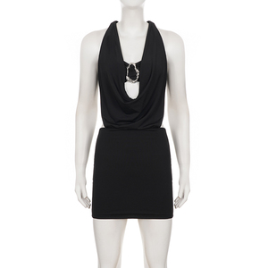 Robe mini moulante sexy à découpes, dos nu, à nouer, avec boucle métallique, style licou, pour soirée en boîte de nuit et mode urbaine - Product Image 6