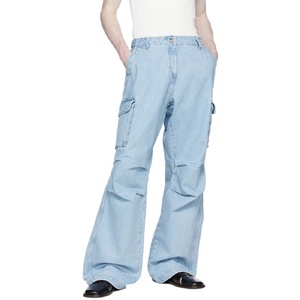Prix de gros Jean cargo unisexe délavé bleu clair à jambe large, style mode décontracté urbain - Product Image 4