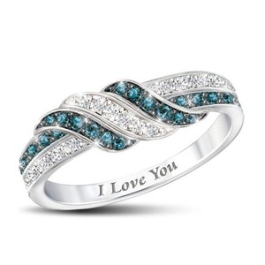 Diamond Ring Women's Peacock Green And Dark Blue Round Brilliant Cut Engagement Jewelry With I Love You Engraving - Product Image 1