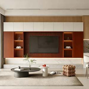 Meuble TV mural contemporain personnalisé Balom, panneau en bois et armoire de rangement, système multimédia minimaliste pour salon - Product Image 5