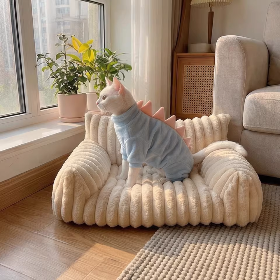 Luxury Striped Faux Lamb Pet Sofa Bed – Two-Layer Orthopedic Plush Dog & Cat Bed for Comfortable Rest - View 3