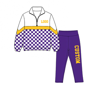 Conjunto de 2 piezas a cuadros personalizado para niños y adultos: Top con cuello de media cremallera y bloques de color, y pantalón estampado de cintura alta. Chándal infantil. - Product Image 4