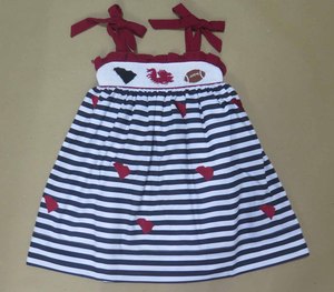 Lindo Vestido de Verano para Niña Pequeña, Estilo Smocked, con Rayas Azul Marino, Lazo y Diseño de Fútbol Americano de Carolina del Sur - Product Image 1