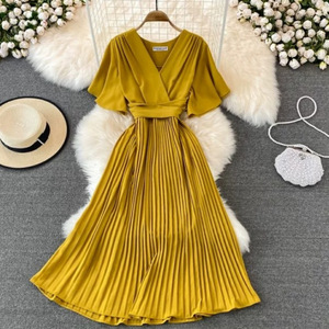 Verano nuevo estilo cuello en V <span class=keywords><strong>Vestido</strong></span> <span class=keywords><strong>de</strong></span> manga corta rodilla-adelgazamiento plisado elegante Ladylike cintura-ceñido con cordones grandes vestidos casuales - Product Image 5